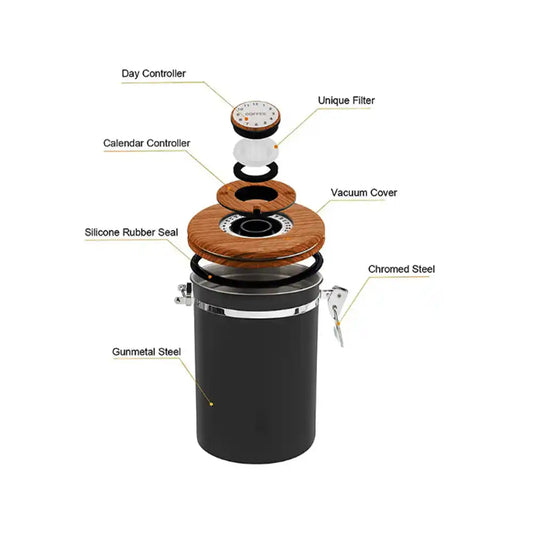 Coffee Canister Stanlees steel 16oz, black & wood, with a spoon