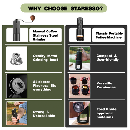 Starso Classic Portable Travel Kit Espresso Maker and Manual Coffee Grinder