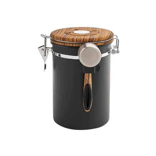 Coffee Canister Stanlees steel 16oz, black & wood, with a spoon