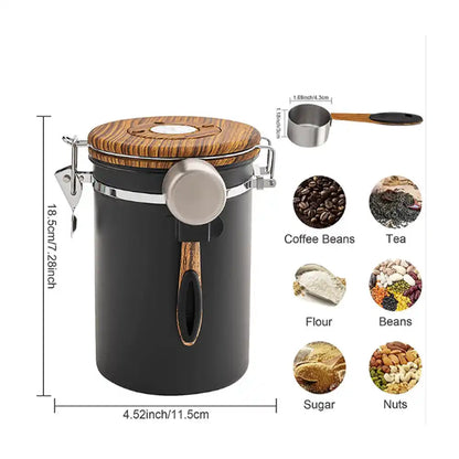 حافظة قهوة ستانلس ستيل 16oz أسود وخشب مع ملعقة